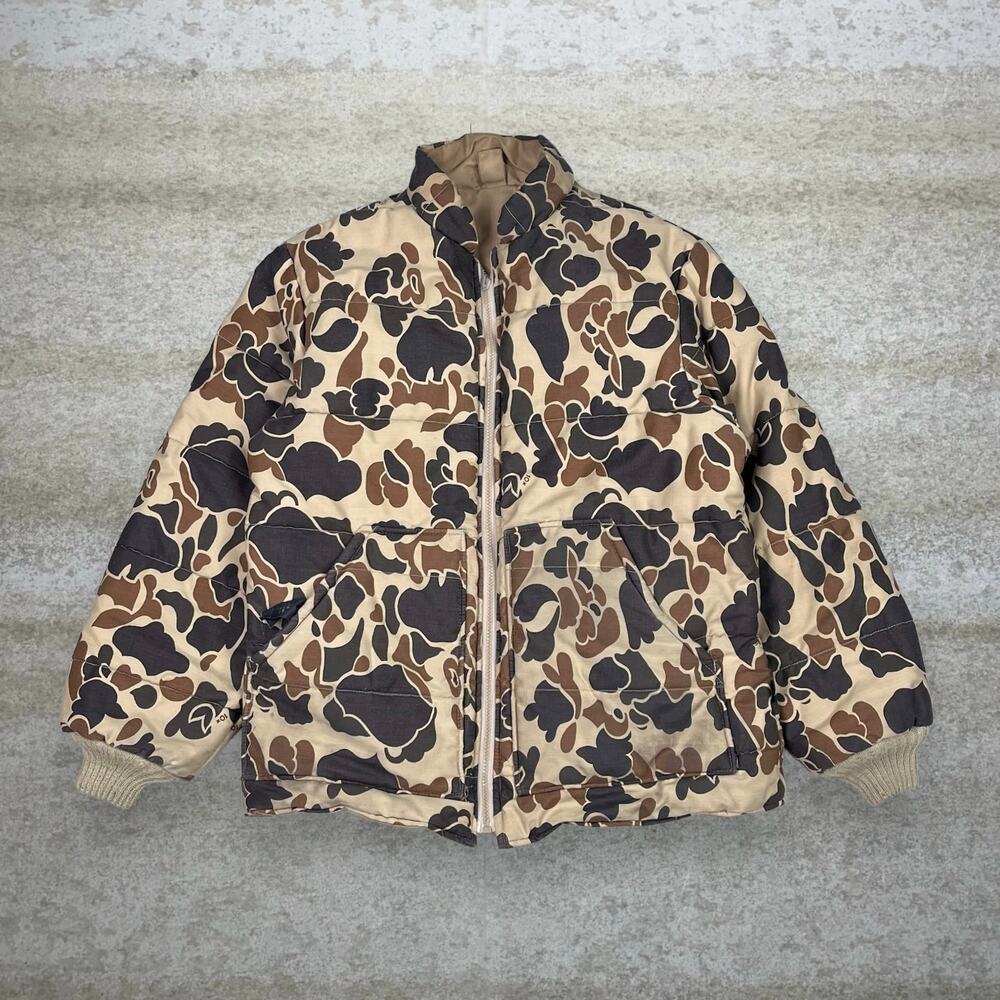 True Vintage 70s Hunting Camo Jacket Mens L Reversible Canvas Cotton Full Zip
